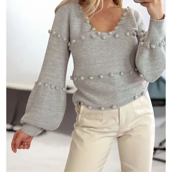 Storia Sweaters - Storia Bobble Pom Pom Sweater Gray Size Medium